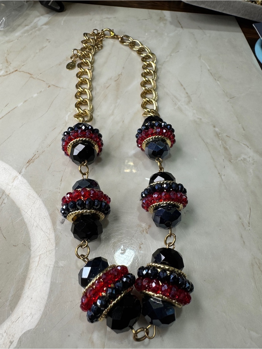 JS signed Gold Chain Statement Necklace with Black and Red Beaded Spheres